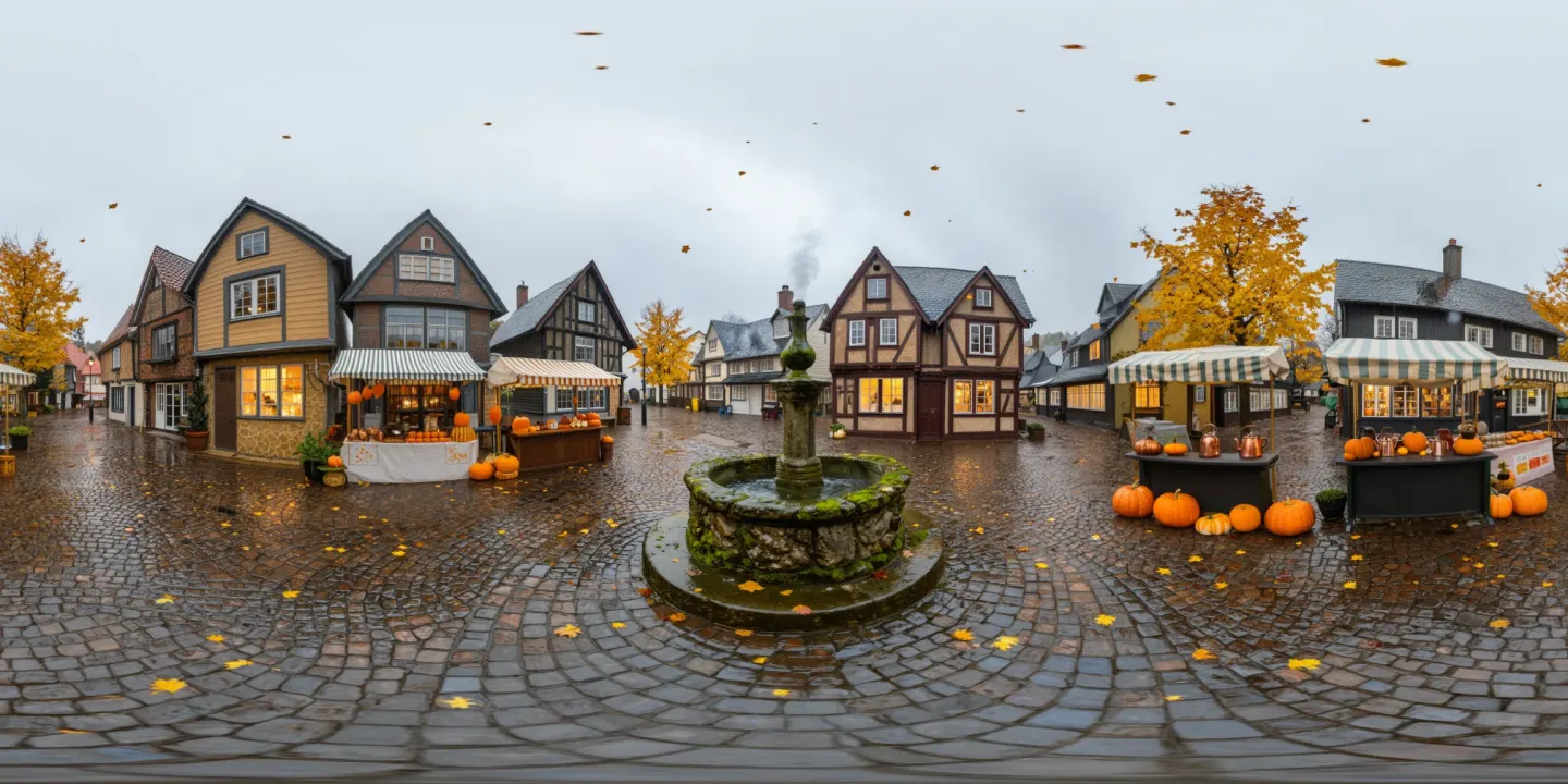 panorama of a rainy fairytale village square in autumn